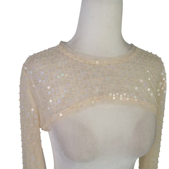 ZARA Sheer Mesh Cream Sequin Beaded Crop Top Shrug Bolero M - Picture 3 of 8